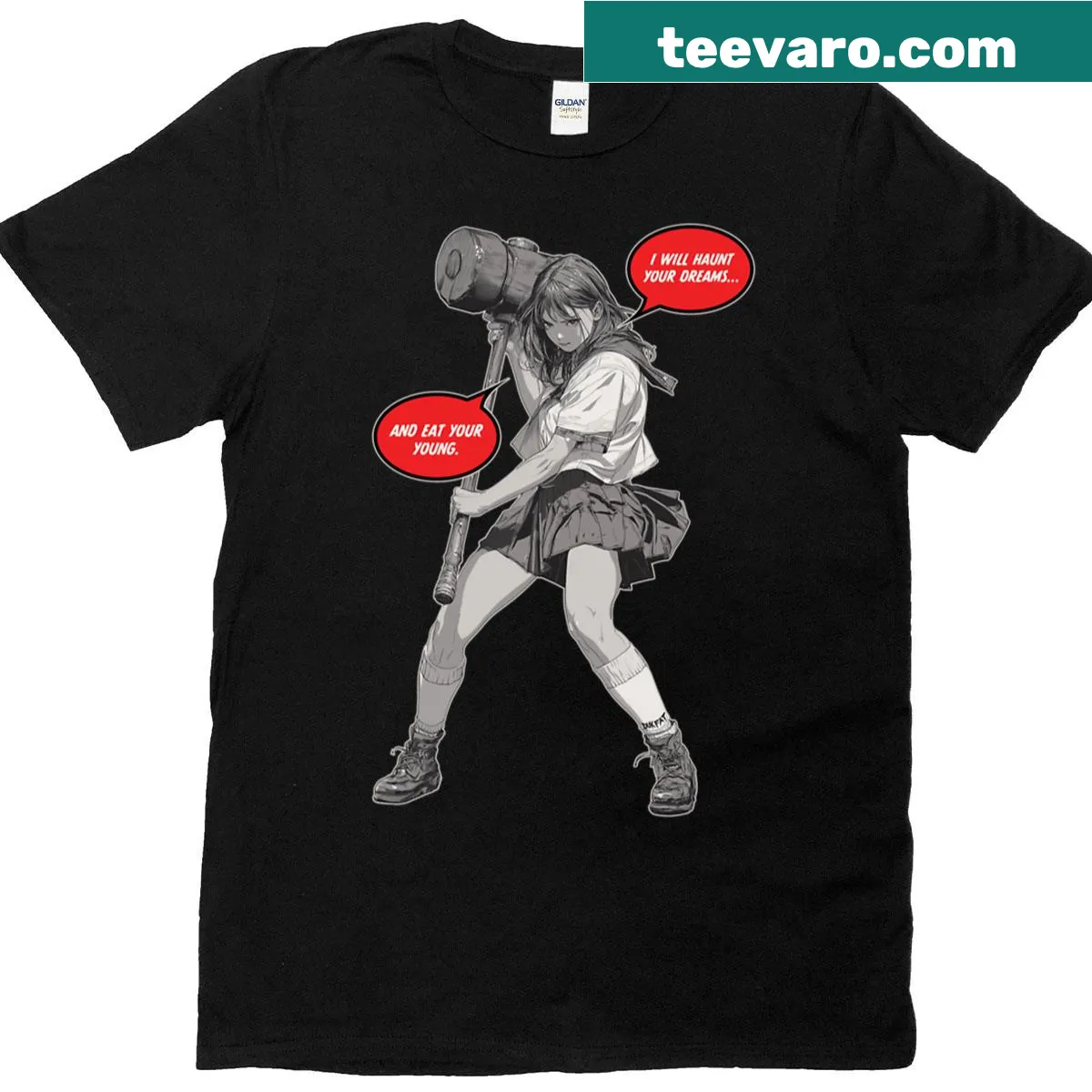 Edgy T-shirt with the phrase 'I Will Haunt Your Dreams And Eat Your Young' — on a men's t-shirt