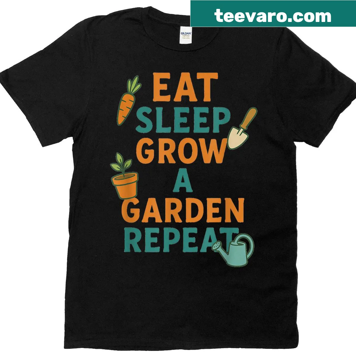 Funny gardening gamer shirt with eat, sleep, grow design — on a men's t-shirt