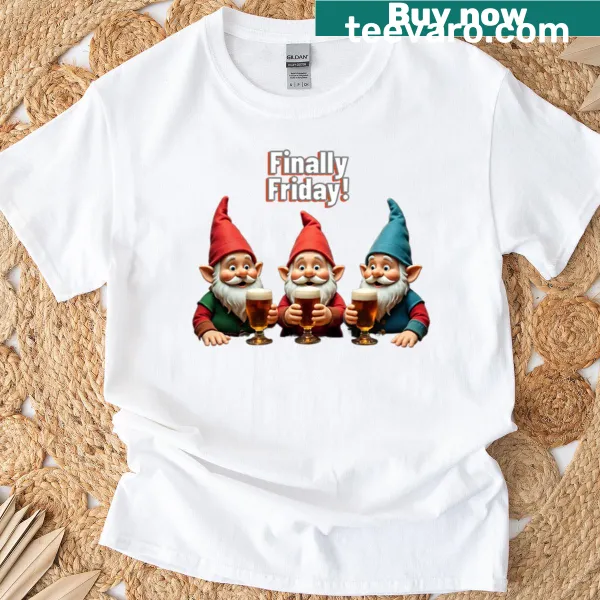 Playful T-shirt featuring cartoon elves drinking beer