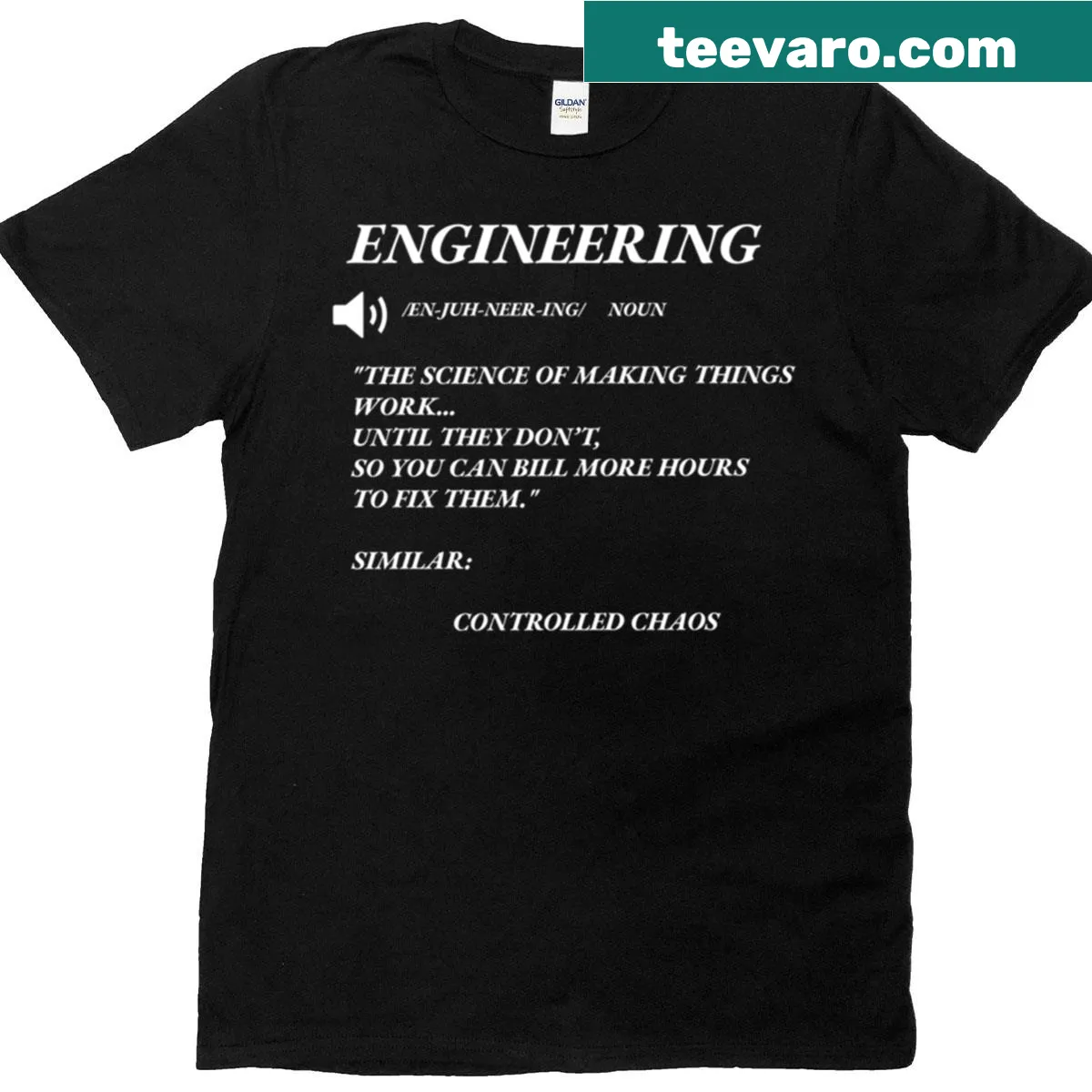 T-shirt with engineering definition printed in minimalist style on a dark background — on a men's t-shirt