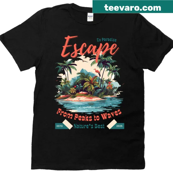 T-shirt depicting scenic peaks and waves with the phrase 'Escape To Paradise Island'