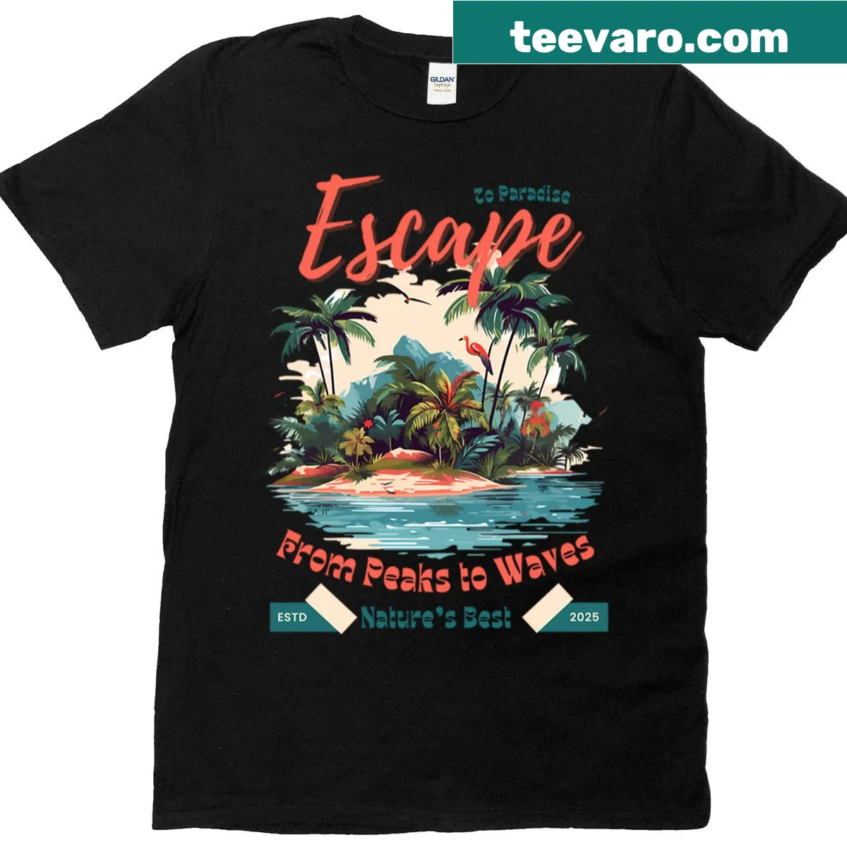 T-shirt depicting scenic peaks and waves with the phrase 'Escape To Paradise Island' — on a men's t-shirt
