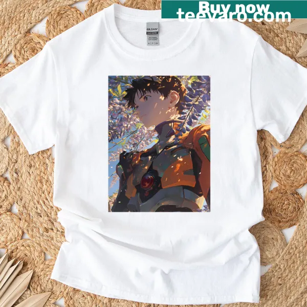 Anime t-shirt featuring Evangelion Unit 01 with wisteria design