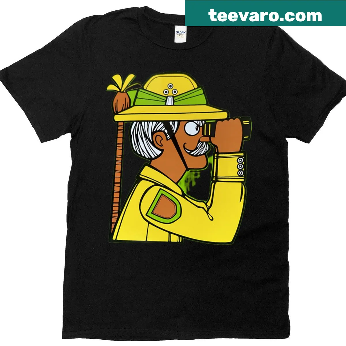 Jungle exploration t-shirt with binoculars illustration — on a men's t-shirt