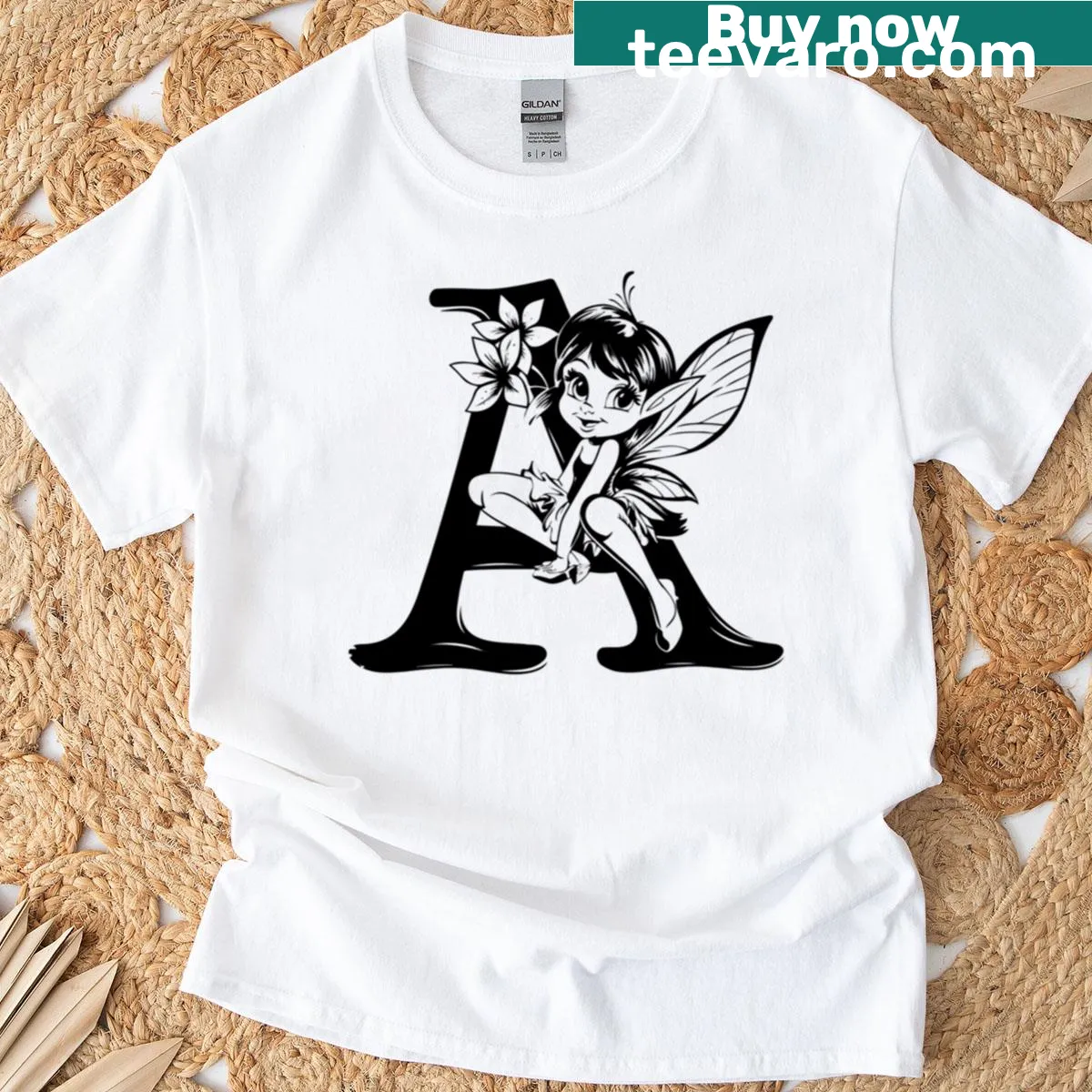 Whimsical T-shirt featuring a fairy on the letter 'A' — on a men's t-shirt