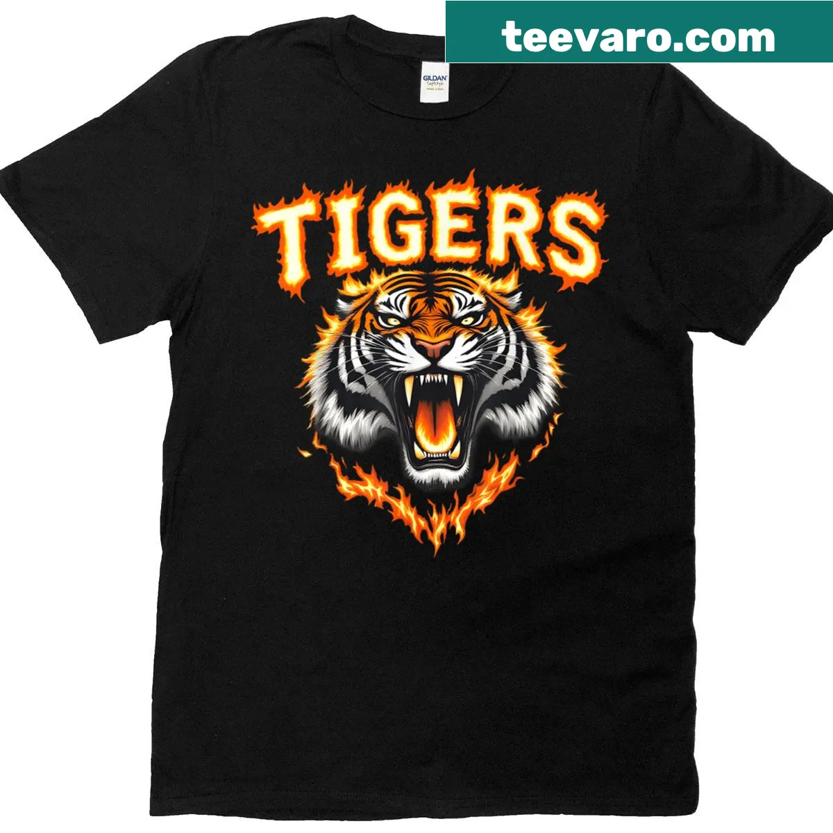 T-shirt featuring a bold graphic of roaring tigers — on a men's t-shirt