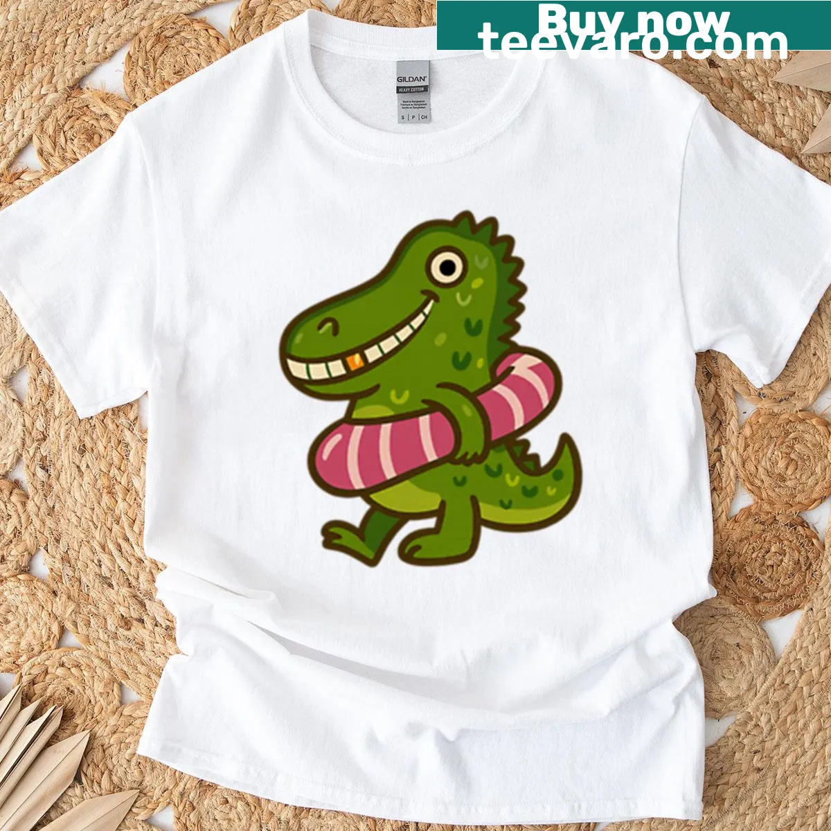 Cartoon crocodile T-shirt featuring a floatie design for summer fun. — on a men's t-shirt