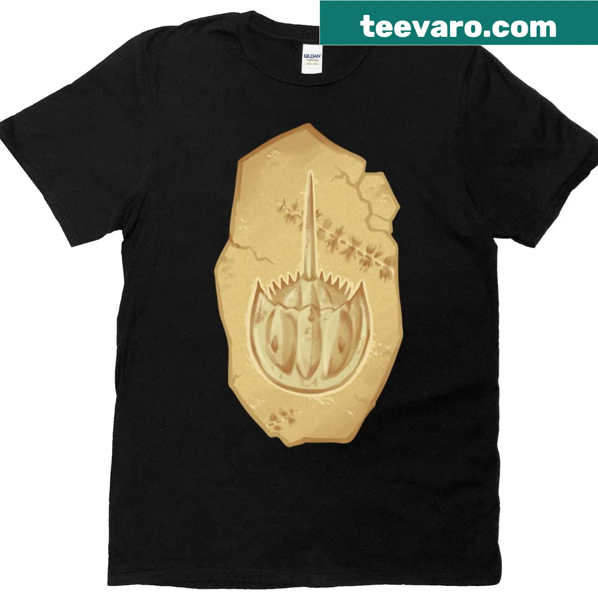 Realistic graphic t-shirt featuring a fossilized horseshoe crab — on a men's t-shirt