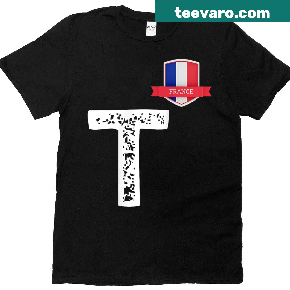 Human-flag letter graphic on a France-themed T-shirt — on a men's t-shirt