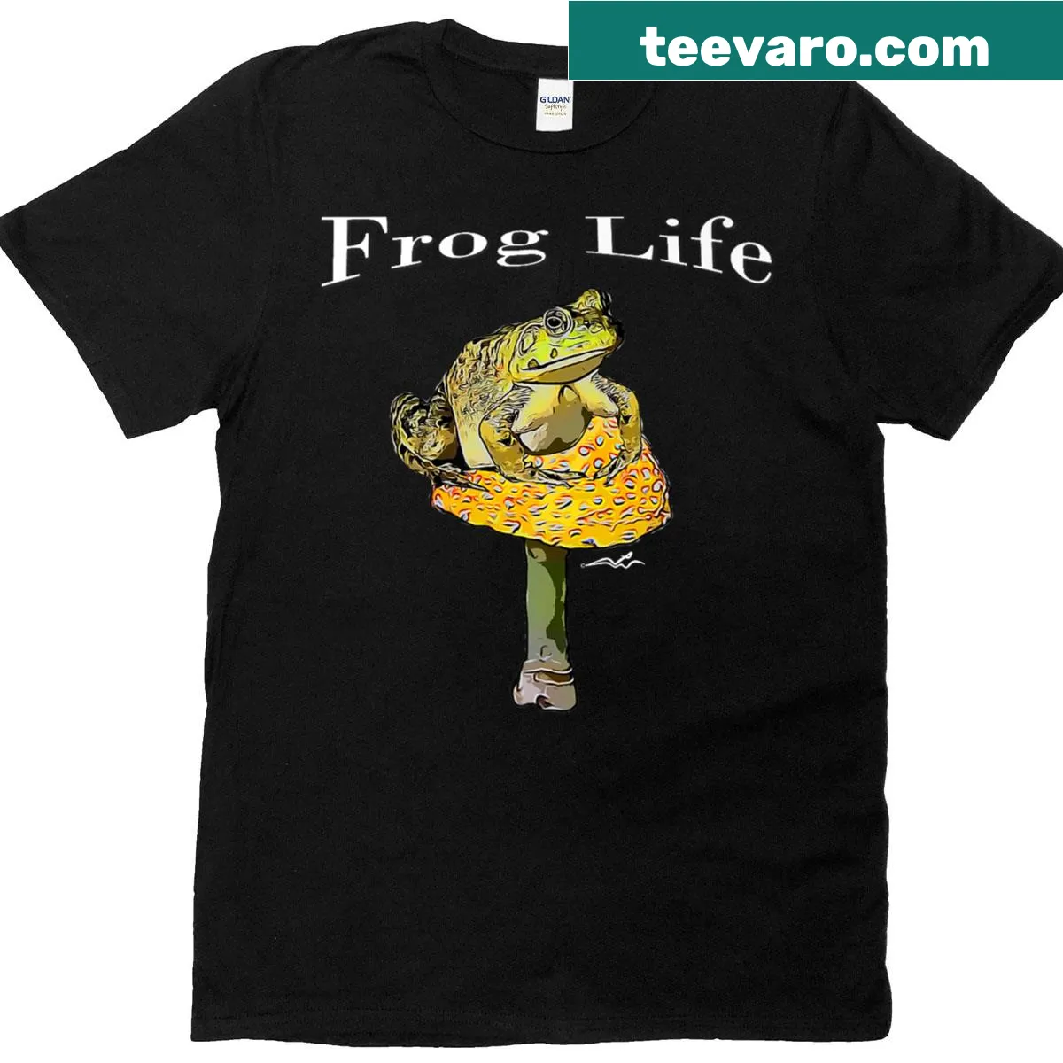 Illustrated t-shirt featuring a playful frog and mushrooms design. — on a men's t-shirt