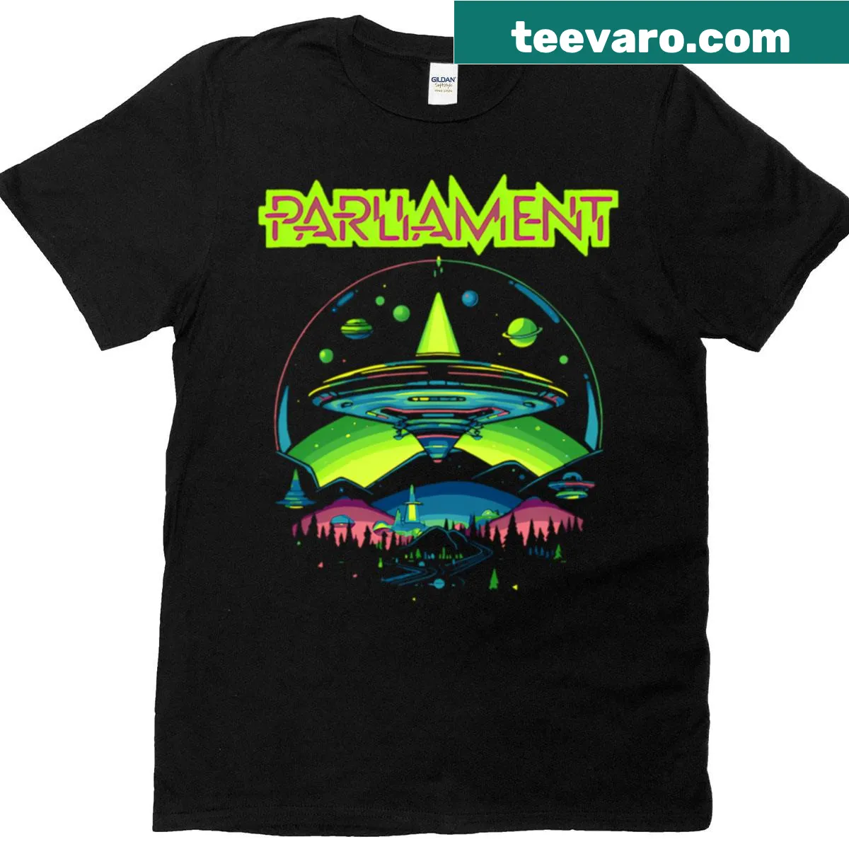 Retro mothership concept graphic on a funky T-shirt — on a men's t-shirt