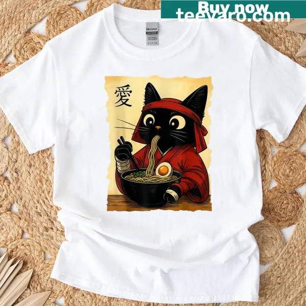 Cute cat graphic enjoying ramen, inspired by kawaii style