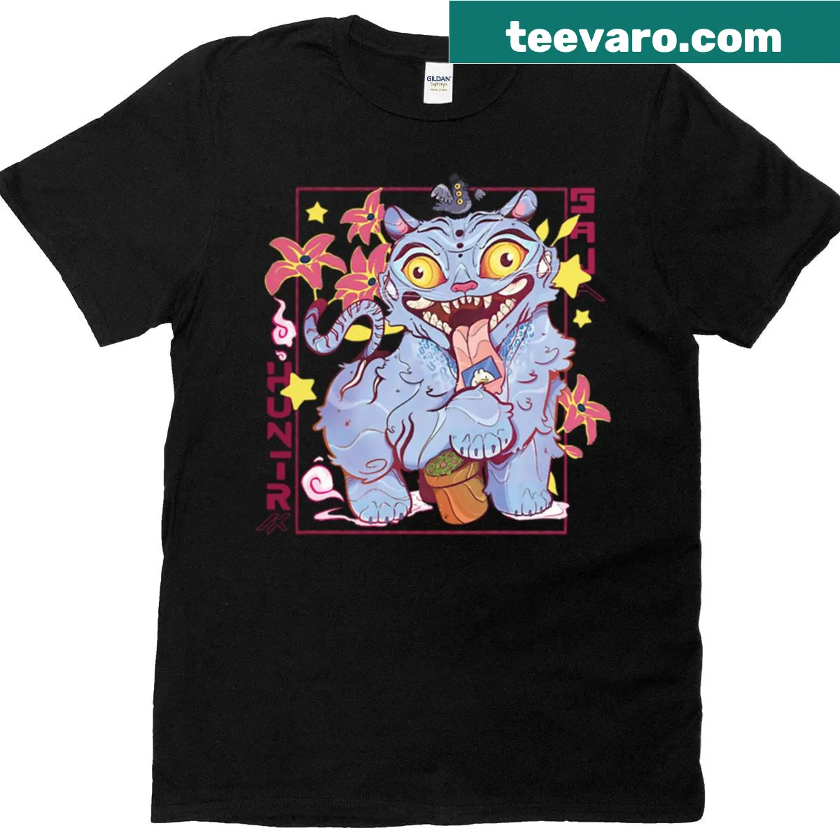 Cute Kpop demon hunters and tiger graphic t-shirt in Japanese style. — on a men's t-shirt