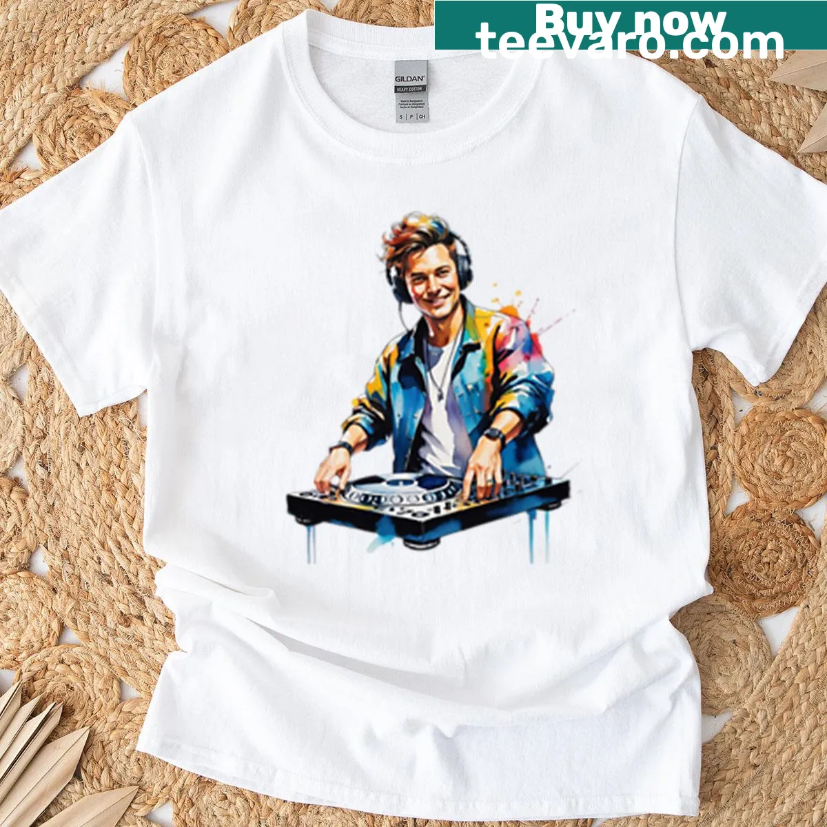 Humorous watercolor DJ graphic on a music t-shirt — on a men's t-shirt