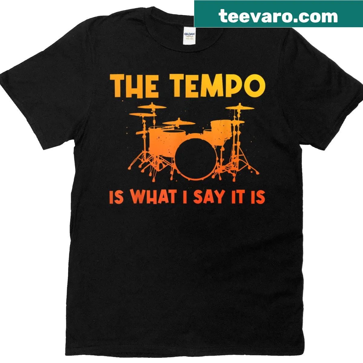 Illustrative drumming art with drumsticks and a drum set design — on a men's t-shirt