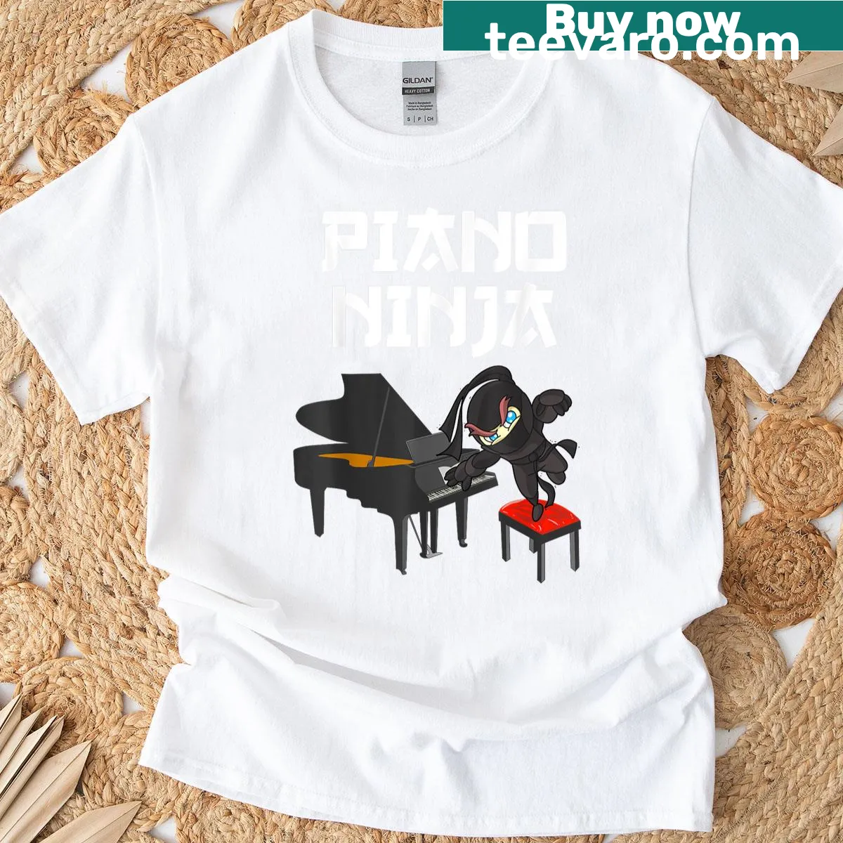 Playful piano graphic T-shirt for music lovers and piano players — on a men's t-shirt