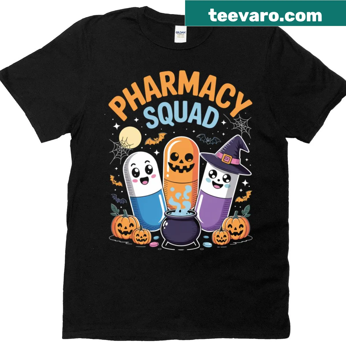 Halloween-themed T-shirt for pharmacists with quirky pill graphics — on a men's t-shirt
