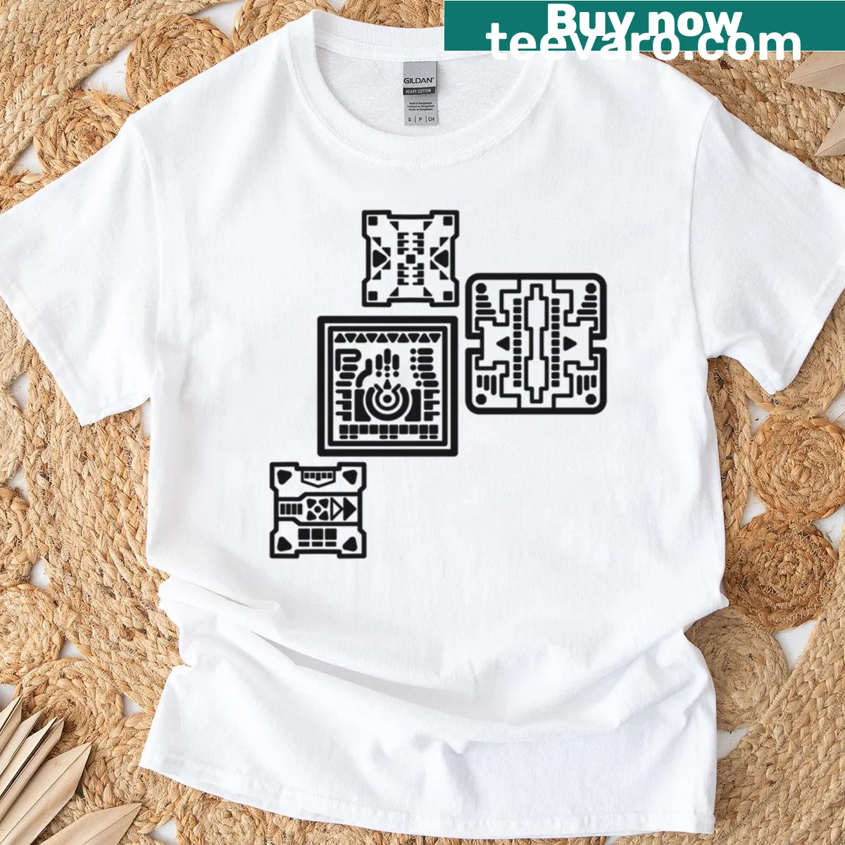 Retro futuristic tech decor T-shirt with humorous elements — on a men's t-shirt