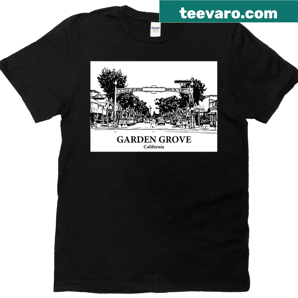 T-shirt featuring text 'Garden Grove California' design — on a men's t-shirt