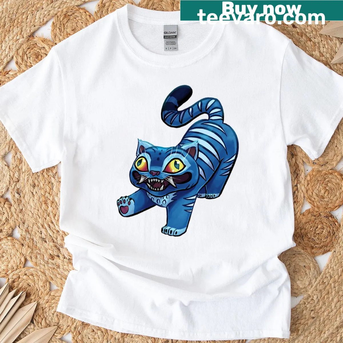 Playful illustration of a stretching tiger on a casual tee — on a men's t-shirt