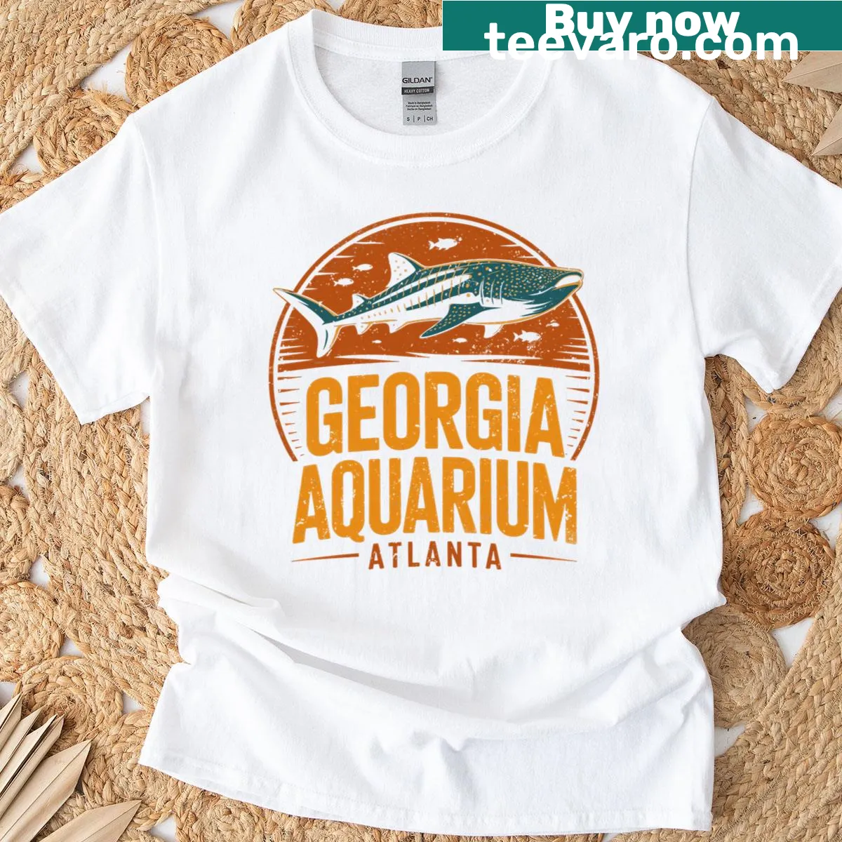 Retro graphic of a whale shark on a Georgia Aquarium T-shirt — on a men's t-shirt