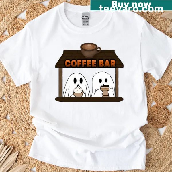 Ghost Coffee Bar t-shirt with a playful ghostly barista serving coffee