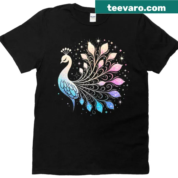 Illustrated peacock design on a T-shirt