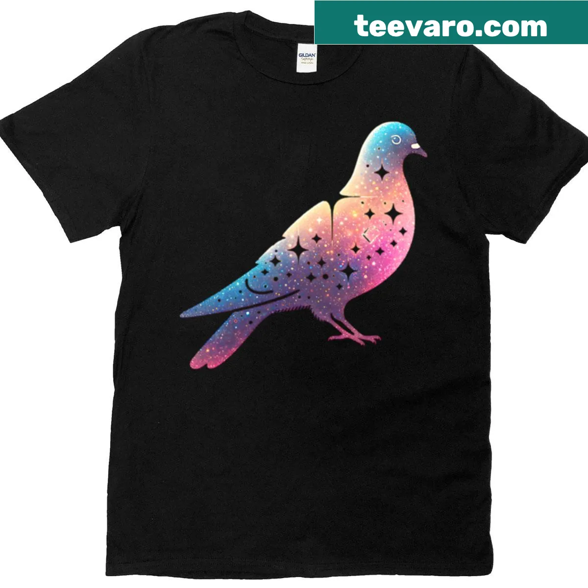 Illustration of a glittery pigeon on a T-shirt — on a men's t-shirt
