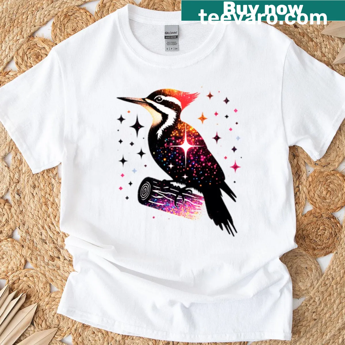 Illustrated T-shirt featuring a glittery pileated woodpecker for nature lovers. — on a men's t-shirt