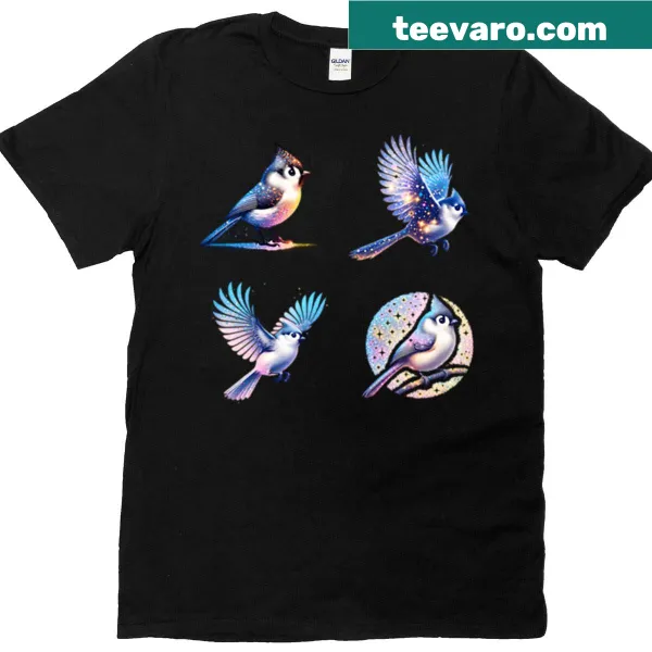 Glitter Tufted Titmouse Birds t-shirt with playful bird illustrations