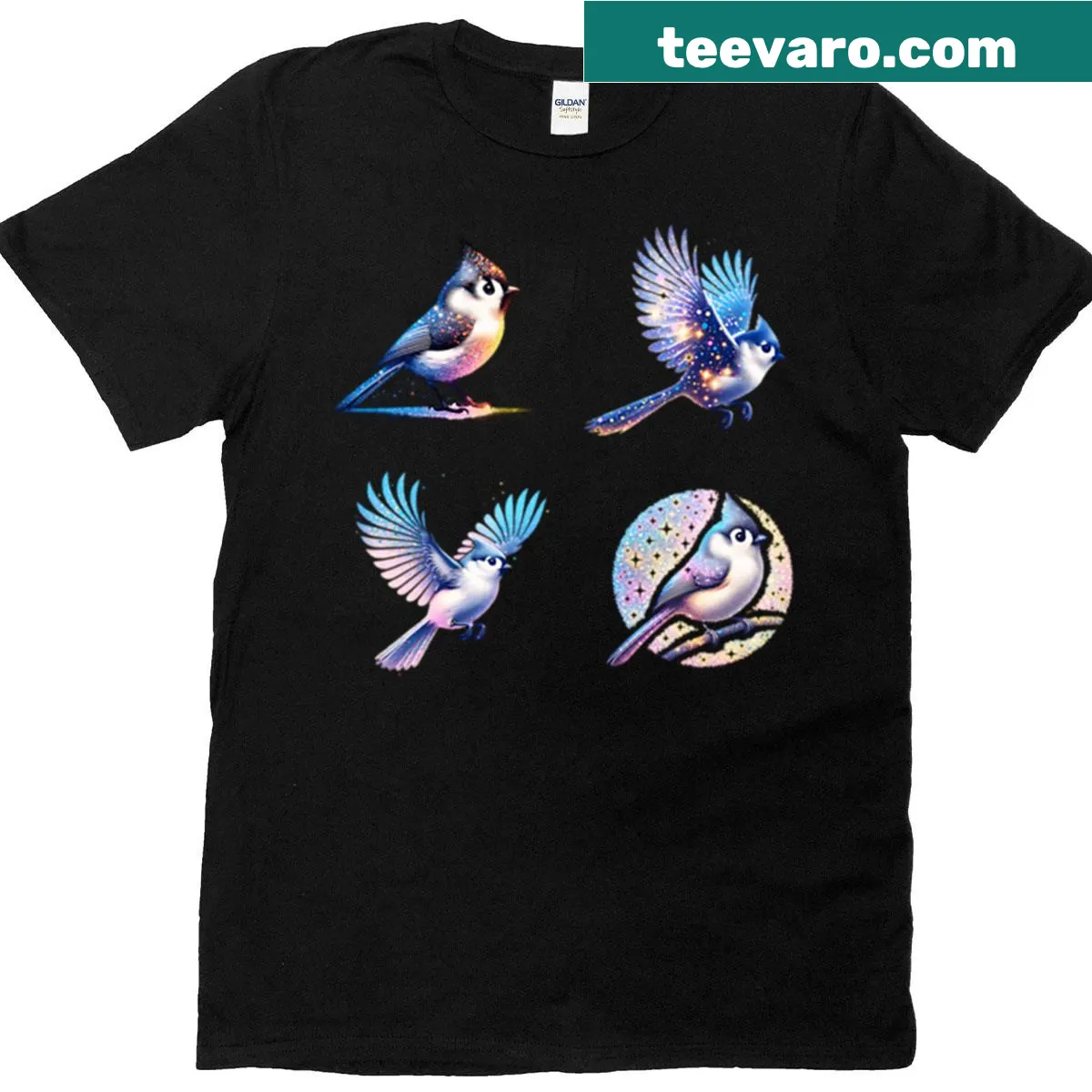 Glitter Tufted Titmouse Birds t-shirt with playful bird illustrations — on a men's t-shirt