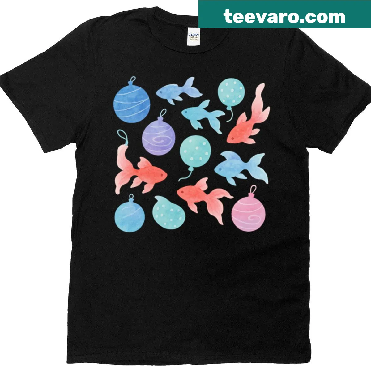 Goldfish with colorful water balloons graphic on T-shirt — on a men's t-shirt