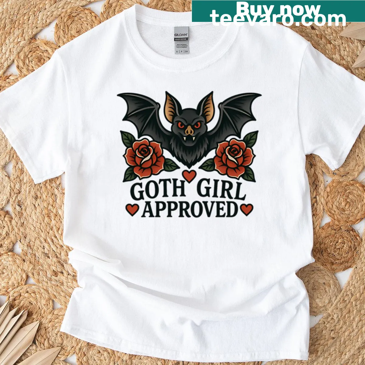 Tattoo-inspired bat design on goth style T-shirt — on a men's t-shirt