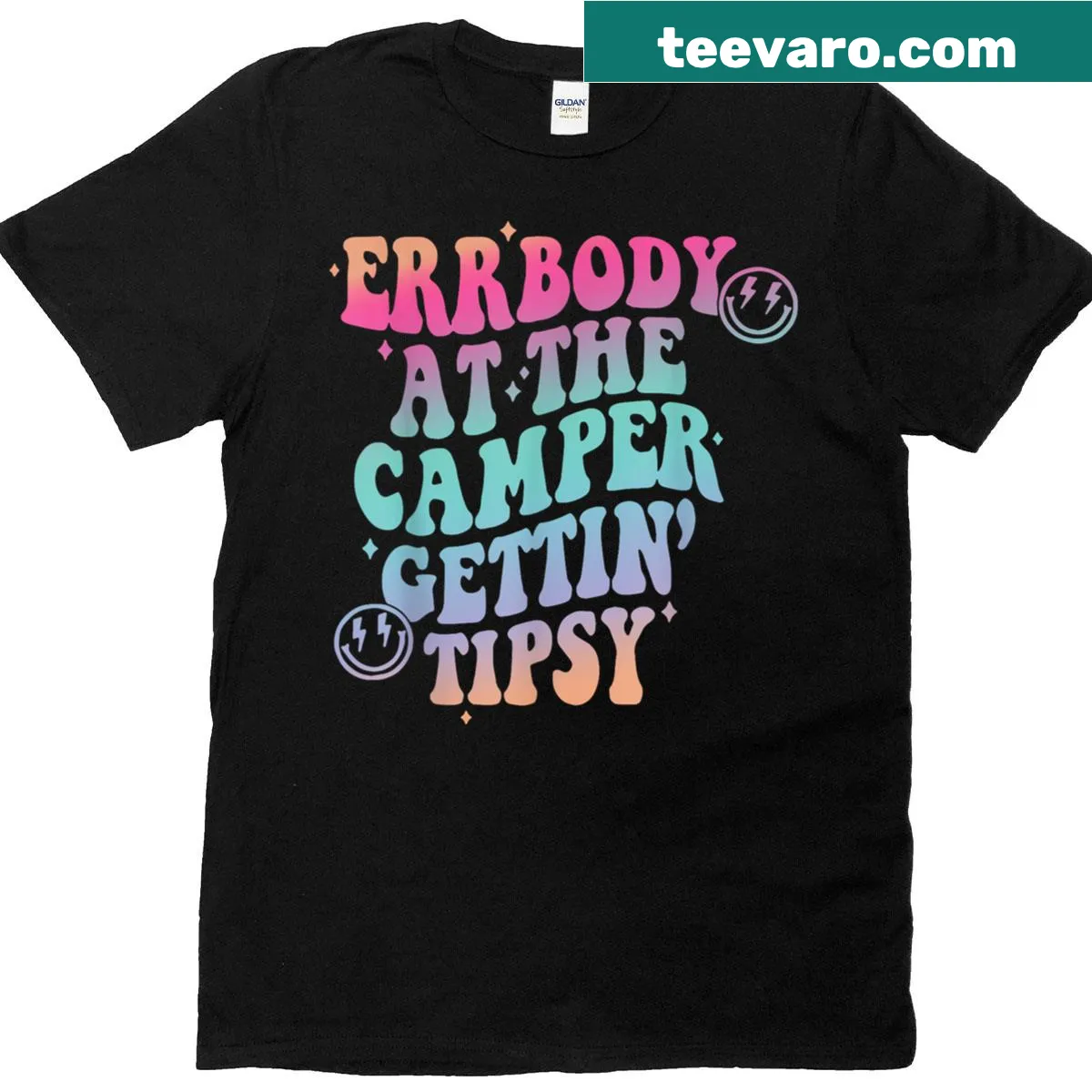 Camping illustration with people having fun around a camper — on a men's t-shirt