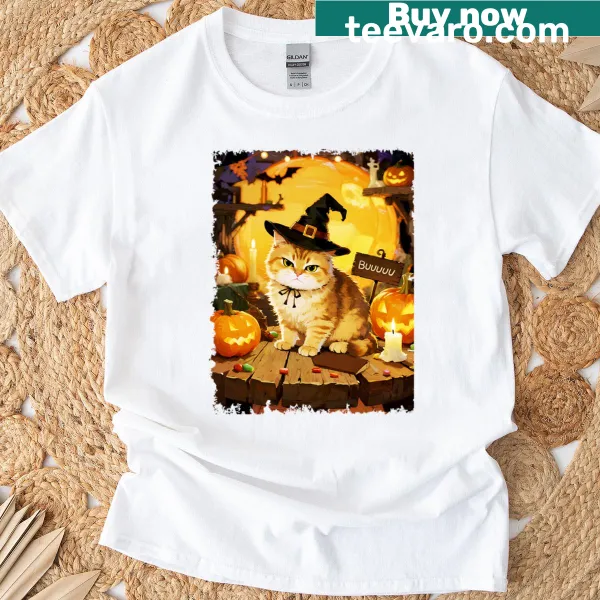 Grumpy cat in a witch hat illustration on Halloween T-shirt