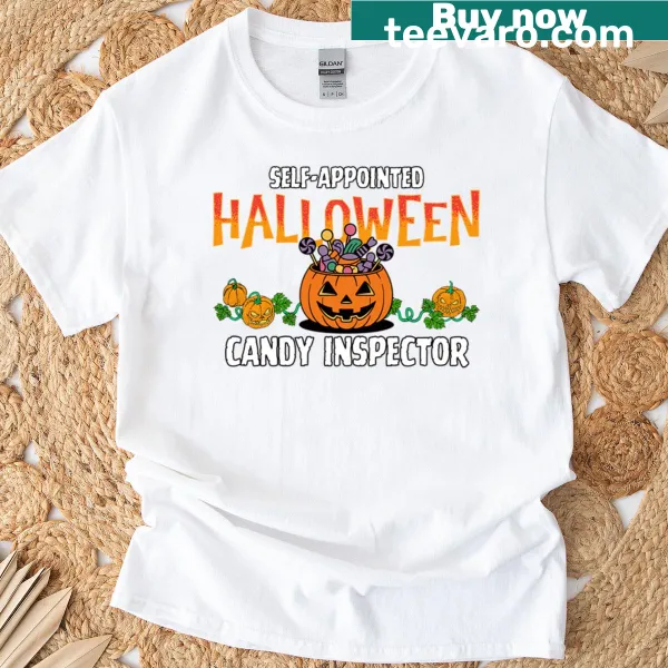 Halloween t-shirt featuring a funny cartoon candy pumpkin inspector