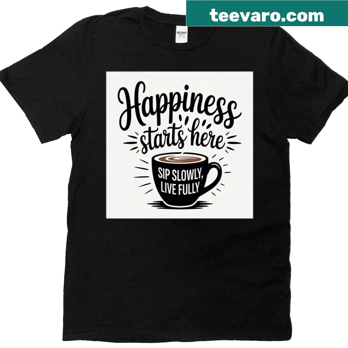 'Happiness Starts Here' motivational quote t-shirt design. — on a men's t-shirt