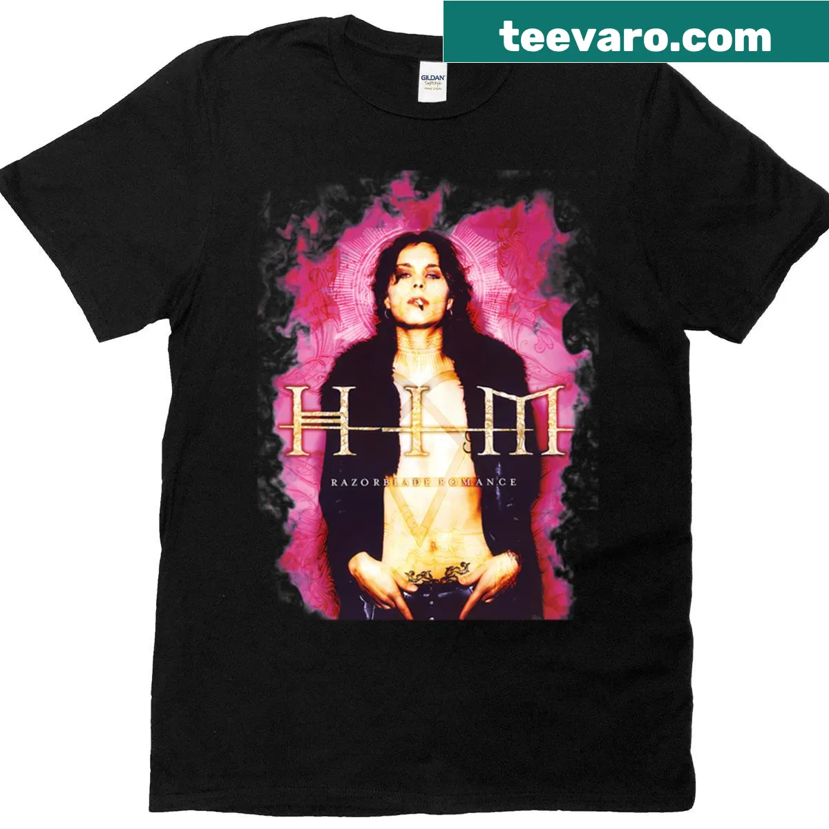 Retro Heartagram design T-shirt representing the band HIM. — on a men's t-shirt