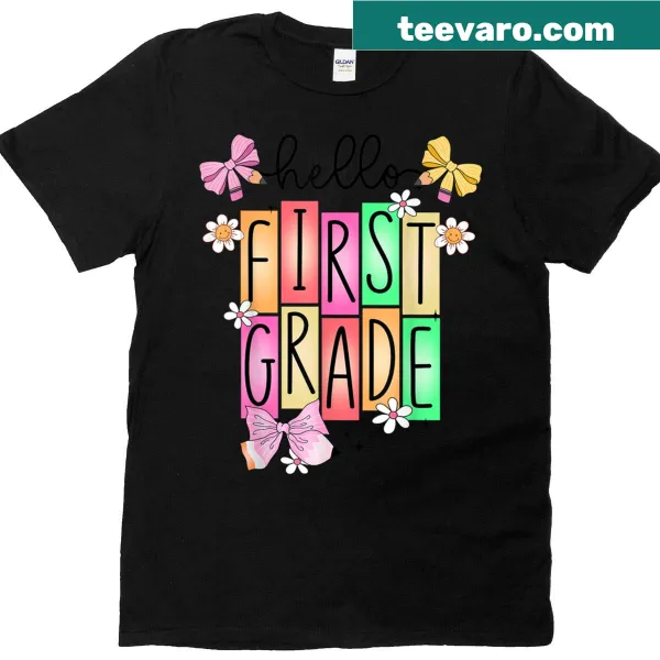 Back to school graphic shirt with 'Hello First Grade' text for kids