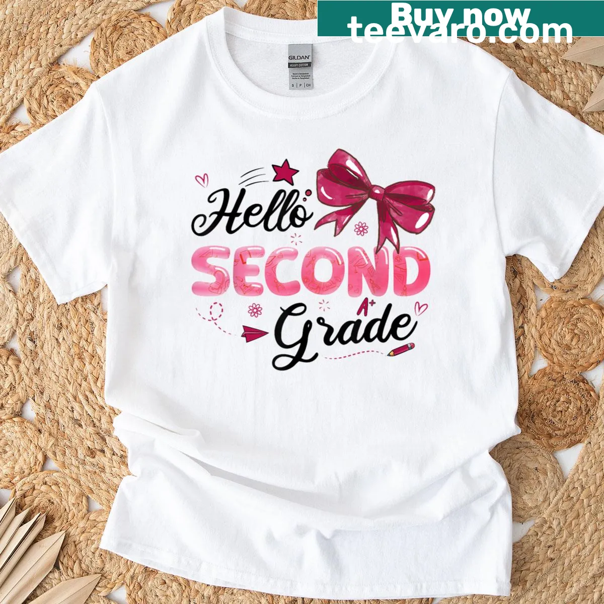Cute second-grade teacher T-shirt with a greeting graphic and bow — on a men's t-shirt