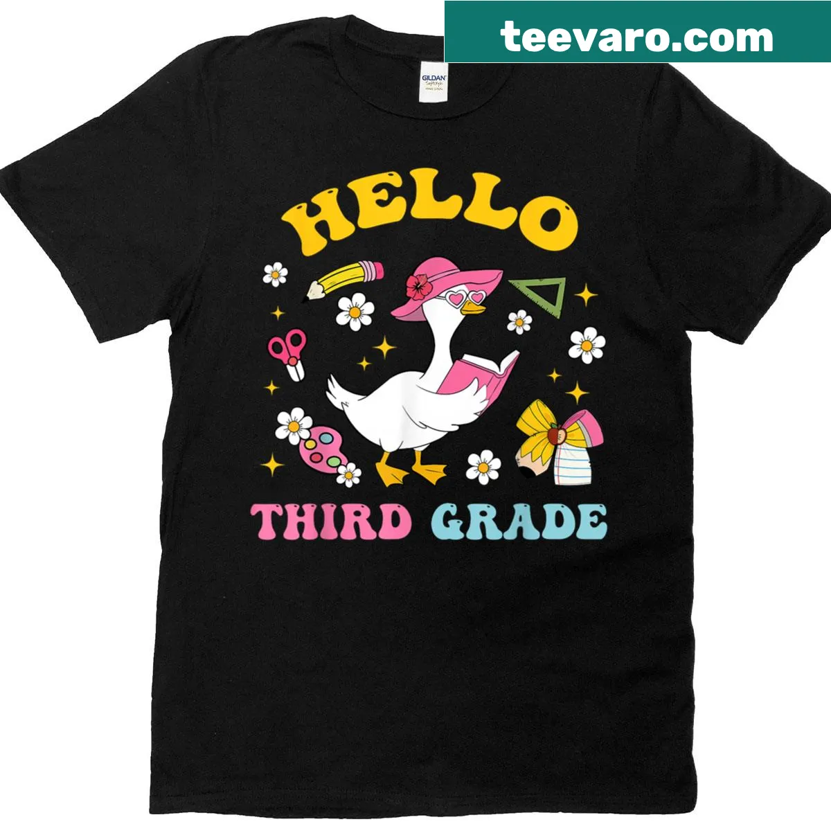 Cute goose graphic with 'Hello Third Grade' text for teachers — on a men's t-shirt