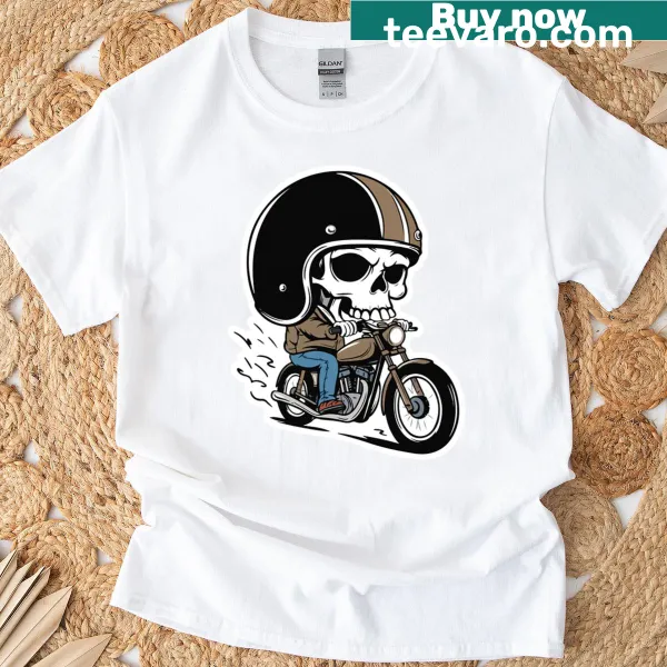 Biker t-shirt featuring a helmeted skull rider illustration