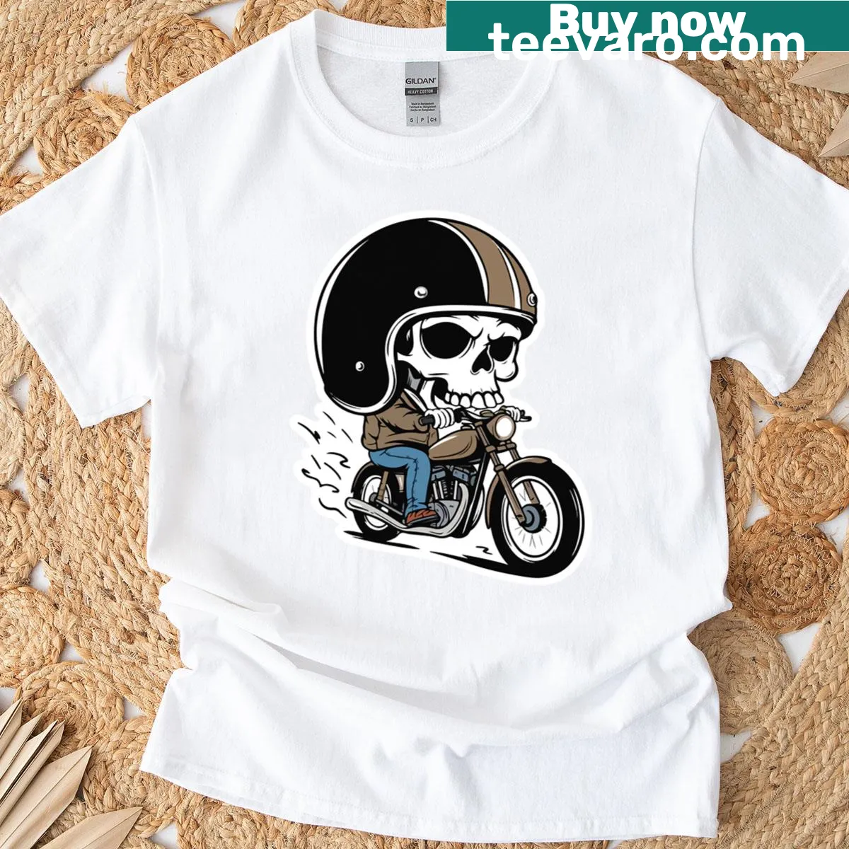 Biker t-shirt featuring a helmeted skull rider illustration — on a men's t-shirt