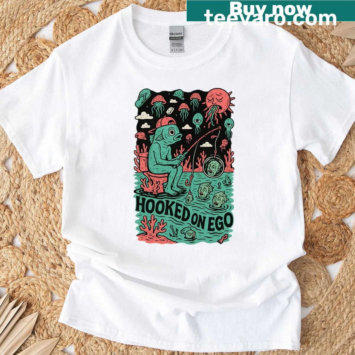 Fishing t-shirt with the phrase 'Hooked On Ego' — on a men's t-shirt