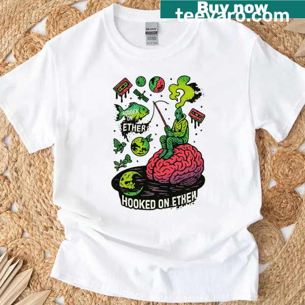 Fishing-themed t-shirt with the humorous phrase 'Hooked On Ether'