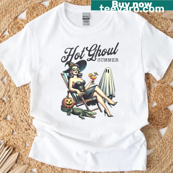 Halloween-themed T-shirt with spooky ghouls and summer elements