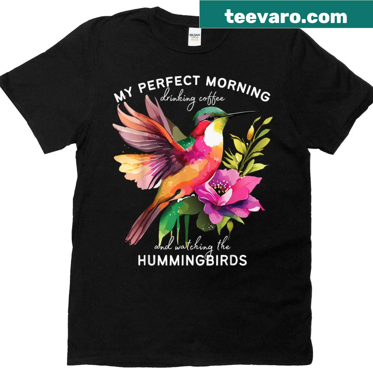 Hummingbird and coffee illustration on a women's t-shirt for bird moms — on a men's t-shirt
