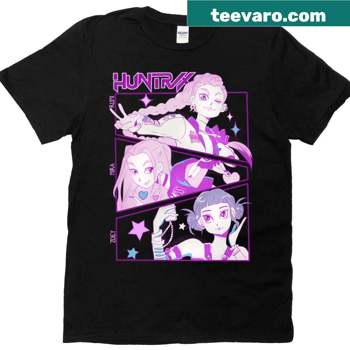 Kpop themed shirt featuring whimsical demon hunter graphics — on a men's t-shirt