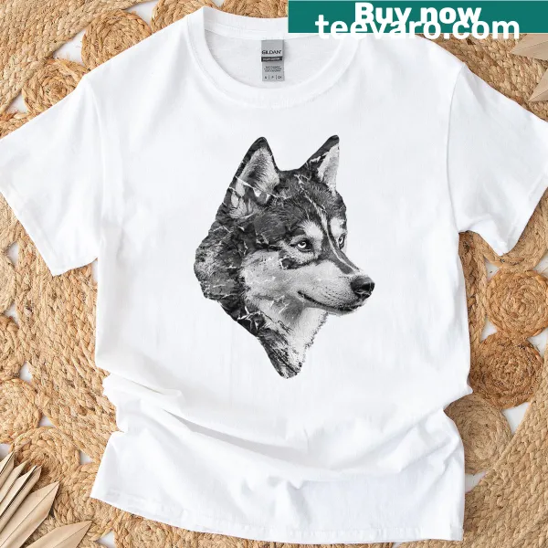 Cute T-shirt with a husky face illustration in black and white