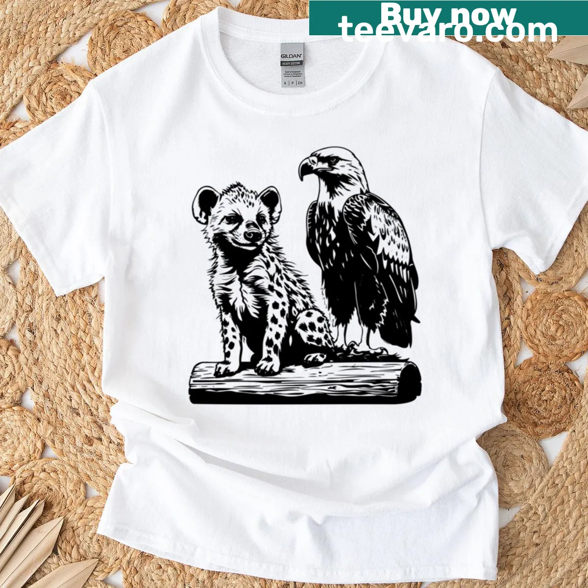 Wildlife illustration T-shirt featuring a hyena and eagle — on a men's t-shirt